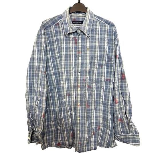 Halloween Costume Men’s Zombie Shirt Blue White Plaid L Vtg ‘“Blood” Long Sleeve - Picture 2 of 11